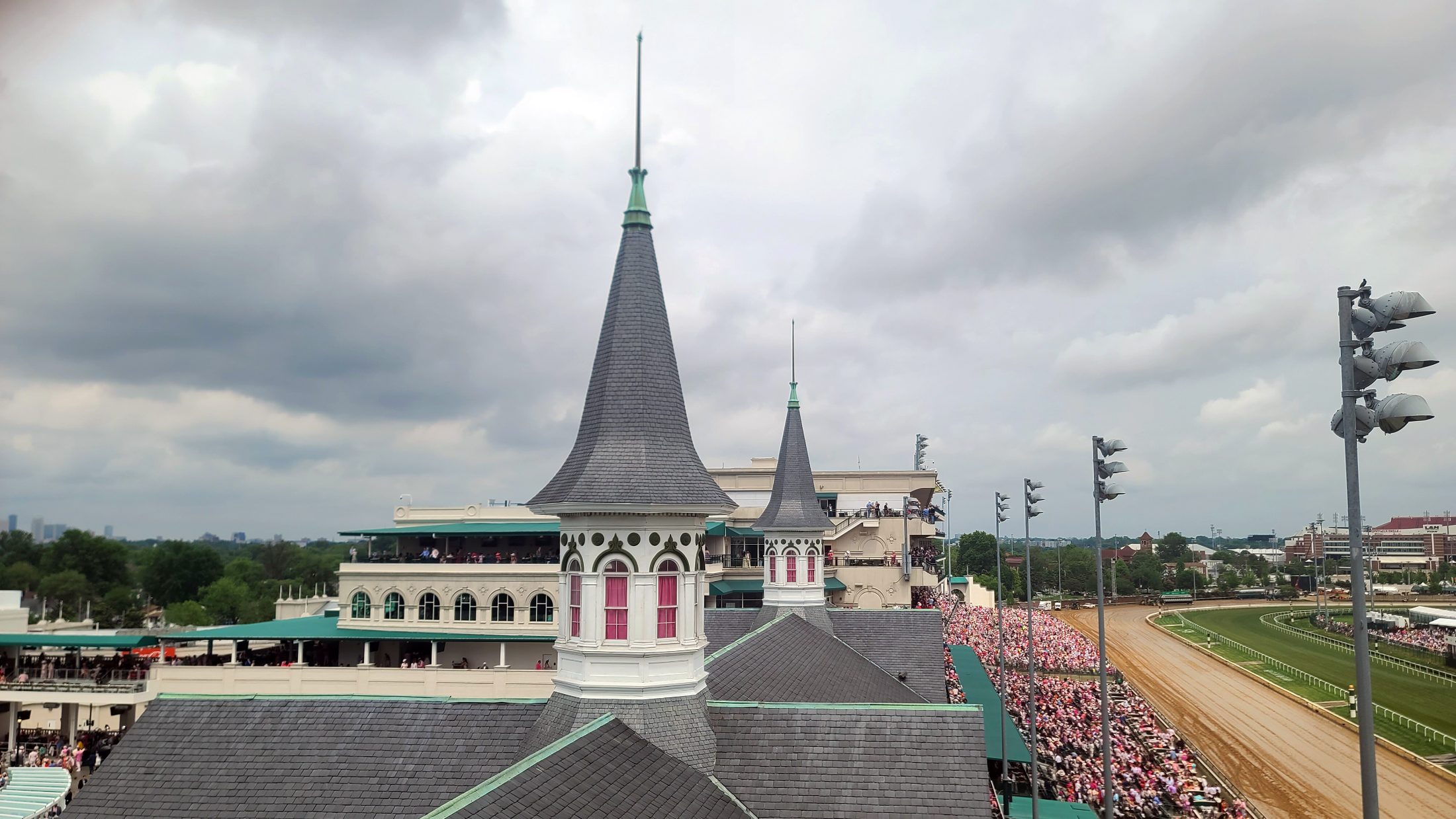 The iconic Twin Spires atop the grandstand at Churchill Downs, home of the Kentucky Derby